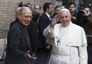 Father Adolfo Nicolas, Jesuit superior general, welcomes Pope Francis as he arrives to celebrate Mass at the Church of the Gesu in Rome Jan. 3. The pope celebrated Mass with 300 of his Jesuit confreres in thanksgiving for the recent canonization of Jesuit St. Peter Faber.