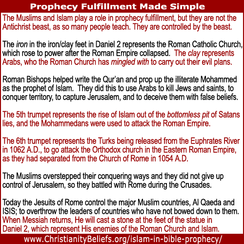 The Muslims and Islam play a role in prophecy fulfillment, but they are not the Antichrist beast, as so many people teach. They are controlled by the beast.
