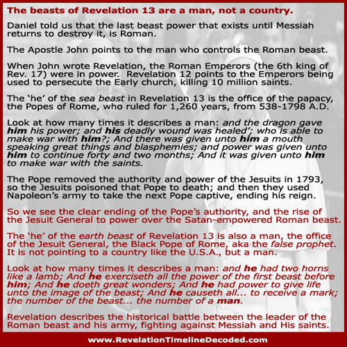 The Revelation beast and false prophet are men, the Pope and Jesuit General