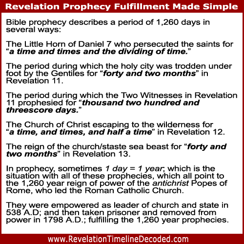 Prophecy points to the 1,260 year reign of power of the antichrist Popes of Rome, who led the Roman Catholic Church.
