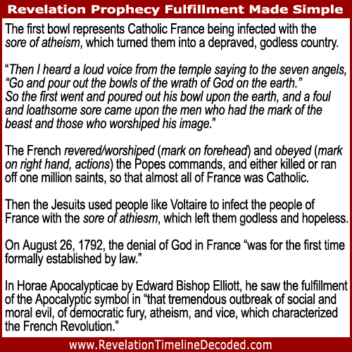 The first bowl of Revelation represents Catholic France being infected with the sore of atheism, which turned them into a depraved, godless country.