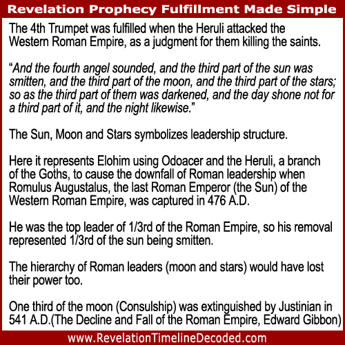 The 4th Trumpet of Revelationwas fulfilled when the Heruli attacked the Western Roman Empire, as a judgment for them killing the saints.