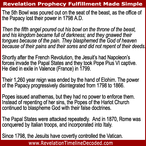 The 5th Bowl of Revelation was poured out on the seat of the beast, as the office of the Papacy lost their power in 1798 A.D.