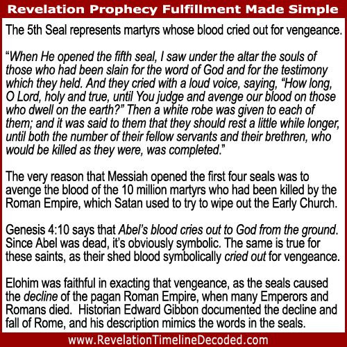 The 5th Seal of Revelation represents martyrs whose blood cried out for vengeance, as Satan had used the Roman Empire to kill 10 million saints