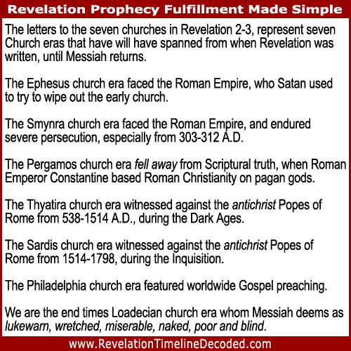 The letters to the seven churches in Revelation 2-3, represent seven Church eras that have will have spanned from when Revelation was written, until Messiah returns.