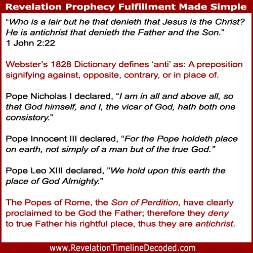 The Popes of Rome proclaim to be God the Father, therefore they deny the Father his rightful place, thus they are antichrist
