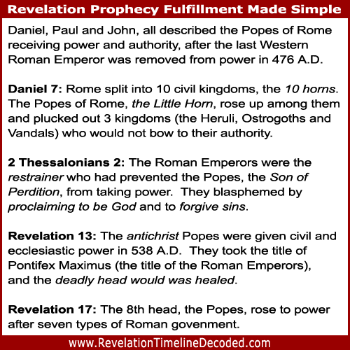 Daniel, Paul and John, all described the Popes of Rome taking power after the Roman Emperor was removed