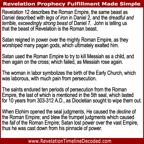Revelation 12 describes the Roman Empire, the same beast as Daniel described with legs of iron in Daniel 2, and the dreadful and terrible, exceedingly strong beast of Daniel 7. John is telling us that the beast of Revelation is the Roman beast.