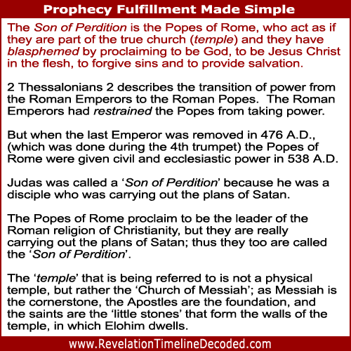 The Son of Perdition is the Popes of Rome, who act as if they are part of the true church (temple) and they have blasphemed by proclaiming to be God, to be Jesus Christ in the flesh, to forgive sins and to provide salvation.