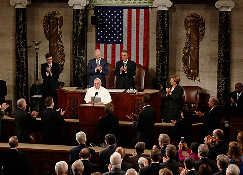 Pope Francis speaks in the House of Representatives, in between the Roman fasces symbols