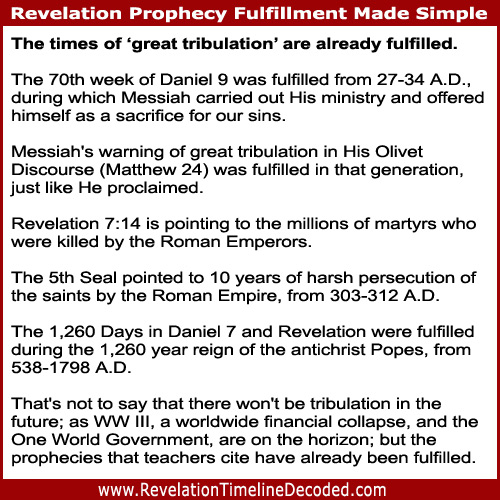 This Revelation Timeline Decoded Bible study shows how the prophecies about times of 'great tribulation' have already been fulfilled.
