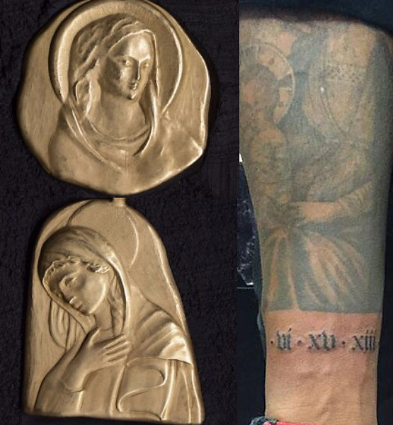 Why would Kanye try to get people to accept the Roman Catholic Church? Because they revere the Virgin Mary, the Queen of Heaven, like he does. Here's jewelry of the Virgin Mary made my Kanye, and his tattoo of the Queen of Heaven.