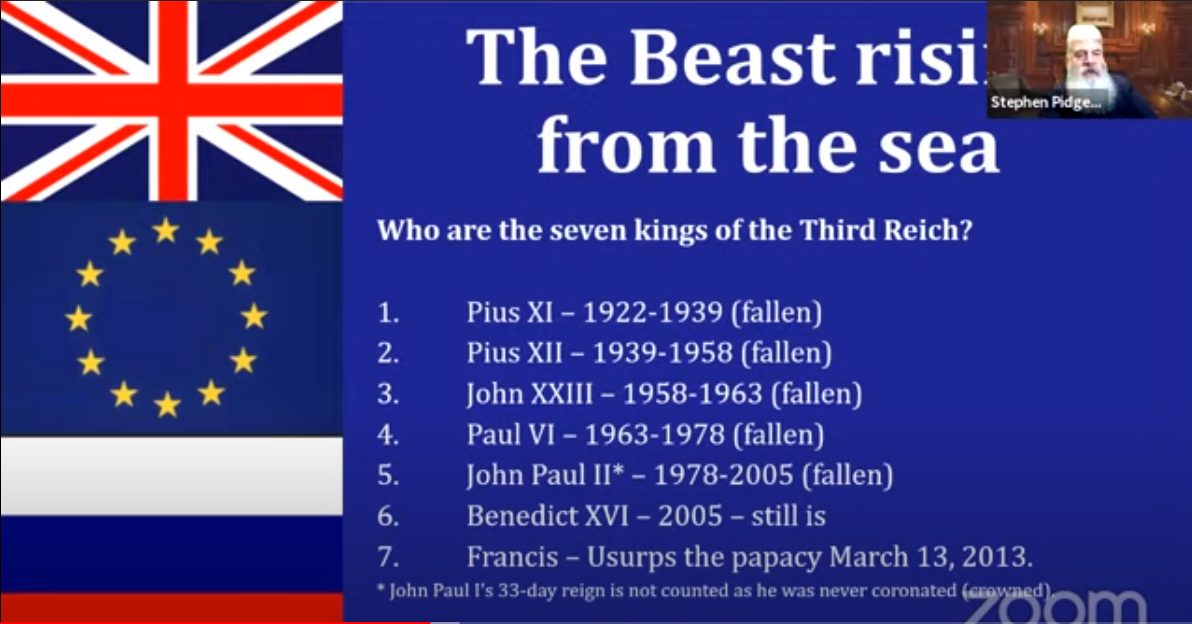 Dr. Stephen Pidgeon the seven kings of the Rev 17 are Popes the last seven Popes of Rome.