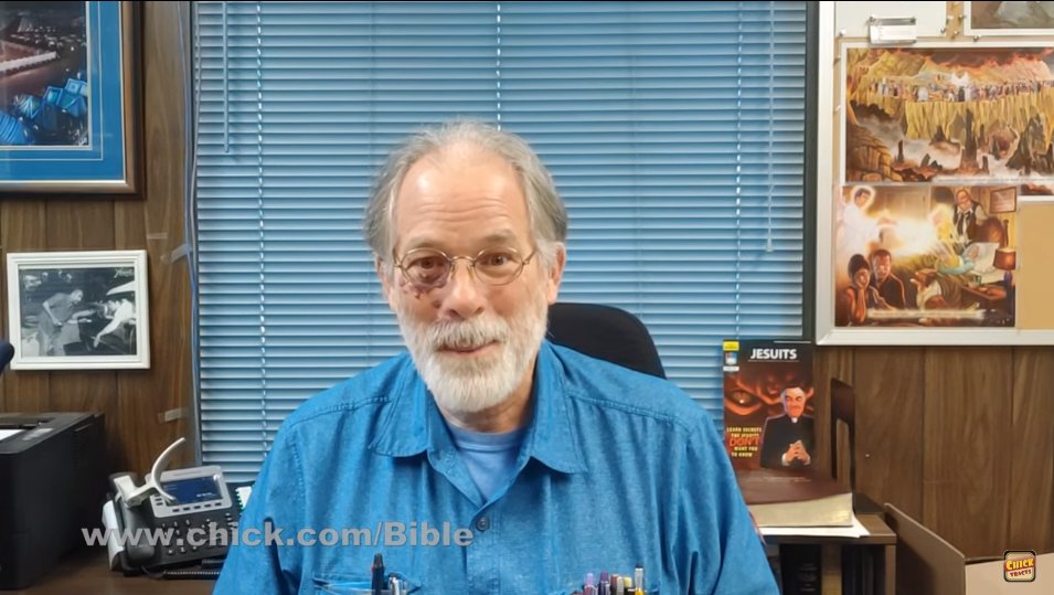 David Daniels of Chick Tracts has a magazine with the name Jesuits on it in the background.