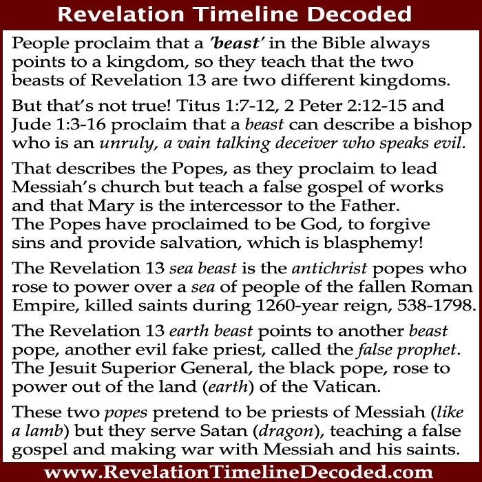 Per the definition of Paul, Peter and James; a beast in the New Testament points to a false priest who is a unruly, vain-talking, deceiver who speaks evil. Read The Antichrist Beast Of Johns Epistles And Revelation