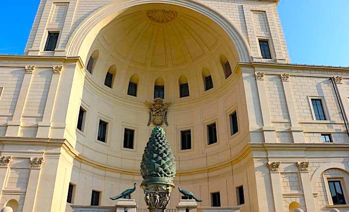 At the Old St. Peter’s Basilica, it was dedicated to Attis, son and lover of Cybele. The Catholic Church then relocated it to what’s now called the Vatican Court of the Pigna.